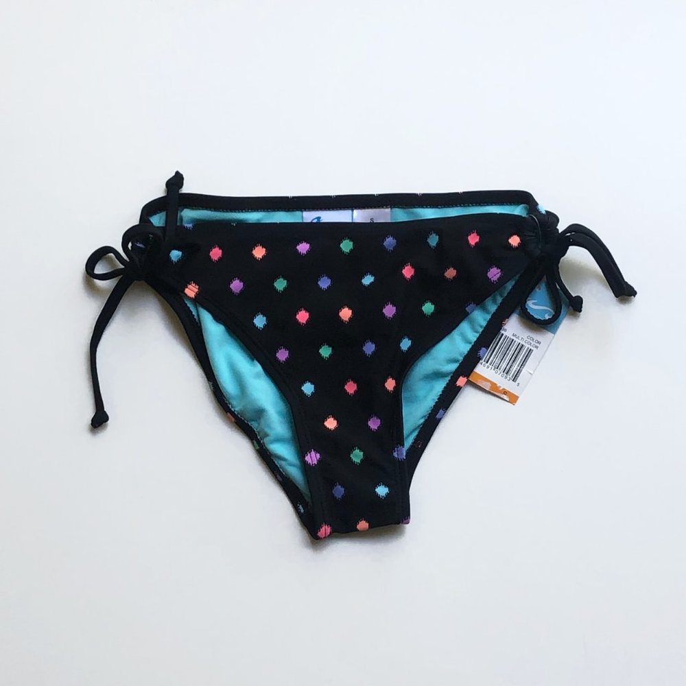 California Waves Black Side-Tie Dot-Print Bikini S